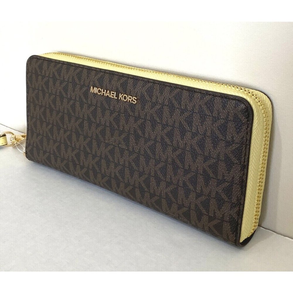 New Michael Kors Jet Set Large Travel Continental Wallet Brown / Buttercup - Picture 4 of 5